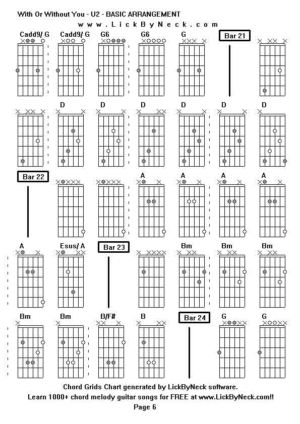 Chord Grids Chart of chord melody fingerstyle guitar song-With Or Without You - U2 - BASIC ARRANGEMENT,generated by LickByNeck software.